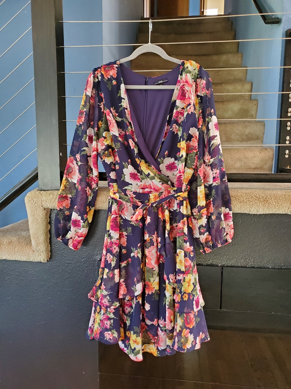 R&K Navy Floral Wrap Mini Dress with Pink & Yellow Blooms